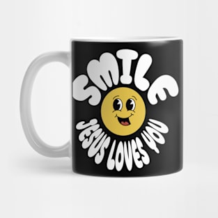 Smile Jesus Loves You - Regular design: White text color with a cheerful smiley face Mug